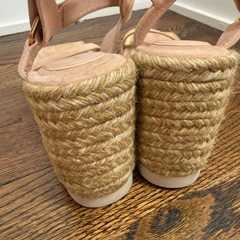 Good American Pale Pink Suede Gold Hardware Espadrille Wedge Sandals NEW Size 12